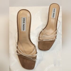 Steve Madden Luminous Clear Strappy Tan Suede Kitten Heel Size 7.5